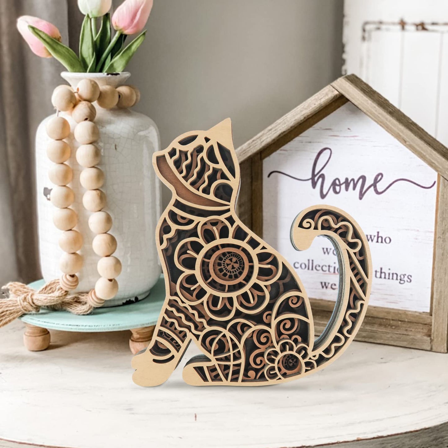 Laisgee Multi-Layered Cat Decor, Farmhouse Wooden Cat Craft 4 Layer Rustic Kitten Self-Standing Statue Desktop Shelf Tier Tray Display Cat Lovers Gift 6''