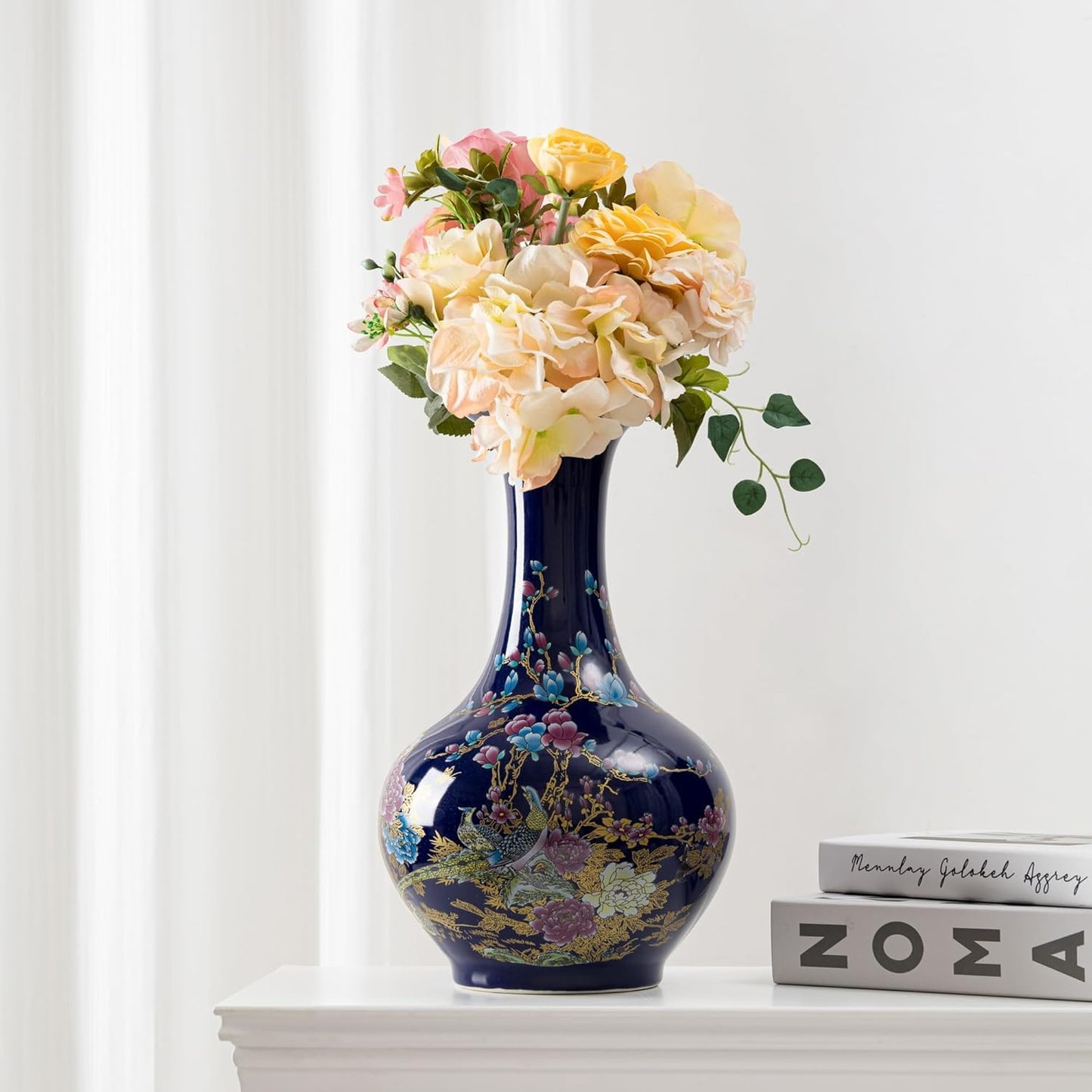 SILINE 14” Large Gorgeous Porcelain Vase,Jingdezhen Art Decor Big Vase,China Handmade Ceramic Flower Bottle -Blue