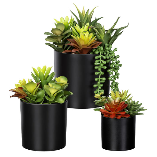 LeafVerse Artificial Succulents 3 Pack - UV Resistant Faux Plants with Pots for Indoor Outdoor Decor - Lifelike Small Fake Potted Plants for Home Office Desk Bathroom Bedroom Shelf Aesthetic