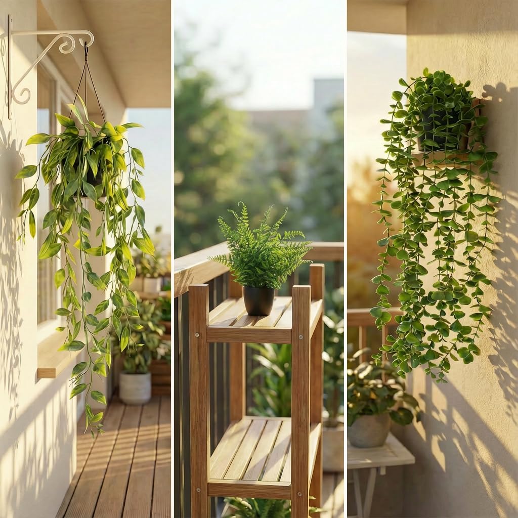 GOEJGSDJ 5 Pack Fake Plants - Artificial Hanging Plants & Small Potted Faux Eucalyptus Fern Ivy, UV Resistant Maintenance-Free, for Shelf Wall Desk Home Office Bathroom Indoor Outdoor Decor