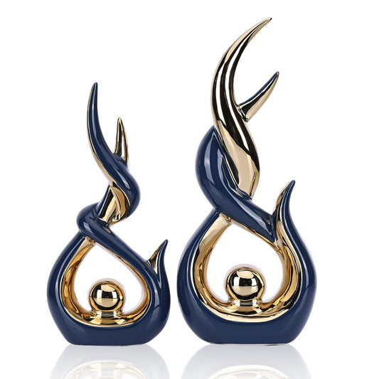 Blue and Gold Ceramic Abstract Sculpture Set of 2 Modern Medieval Style Sculpture Ideal for living room decor Serves as tabletop ornament for coffee tables, TV stands, mantelpieces, and entryways.