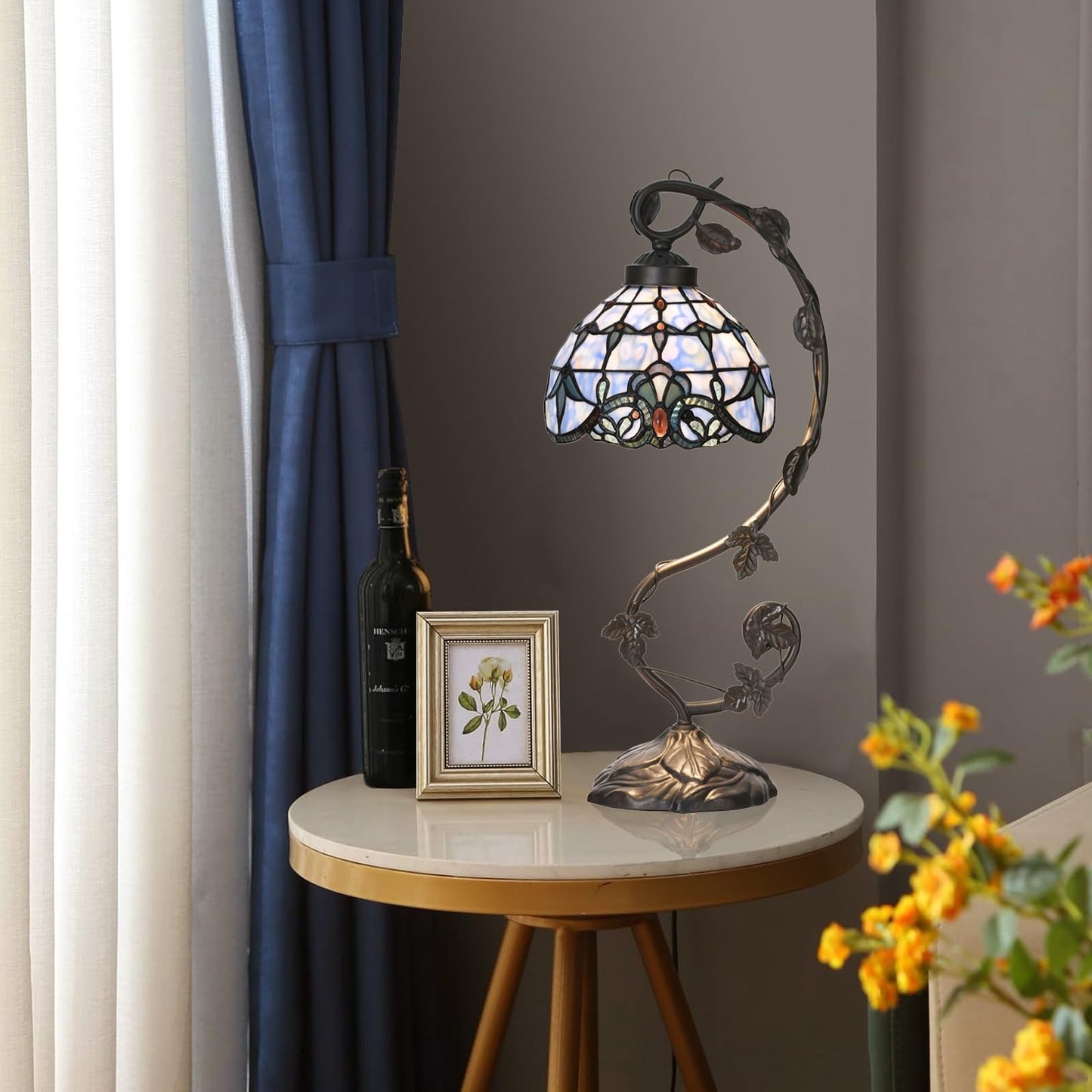 HomeBeauty TL0025 Tiffany Style Baroque Table Lamp-Stained Glass & Vine - Design for Bedroom Living Room, W 10 X H 20.5 Inches Overall, LED Bulb Included (Baroque)