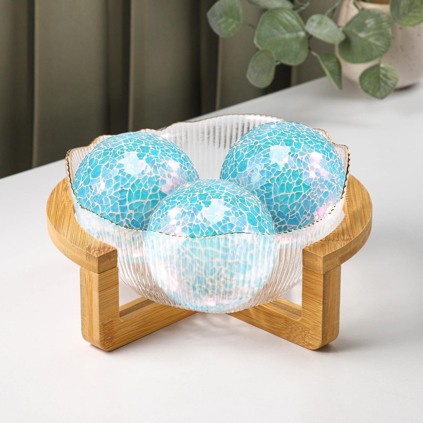 ginojex 3Pcs Mosaic Glass Orbs Decorative Balls Set 8.5cm/3.35inch Blue Sphere Wedding Party Home Decor Table Centerpiece