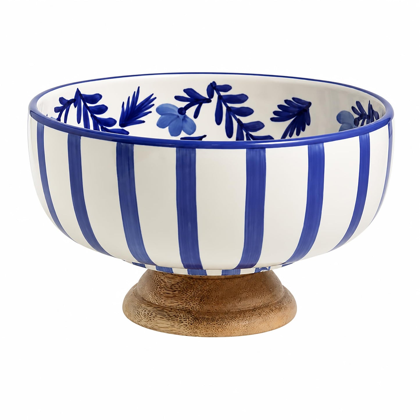 Mud Pie Blue Ceramic and Wood Pedestal Bowl