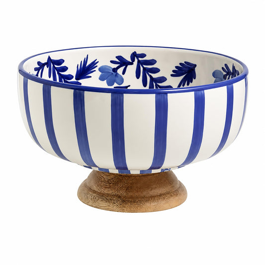 Mud Pie Blue Ceramic and Wood Pedestal Bowl