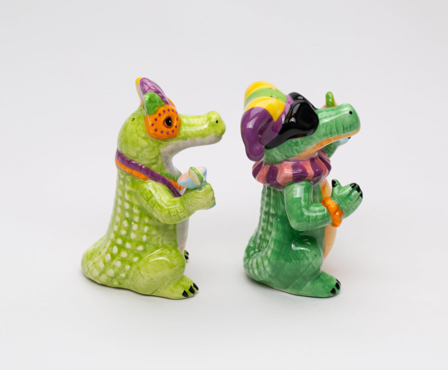 Fine Ceramic Mardi Gras Fat Tuesday Masked Crocodille Allegator Salt & Pepper Shakers Set, 3-7/8" H