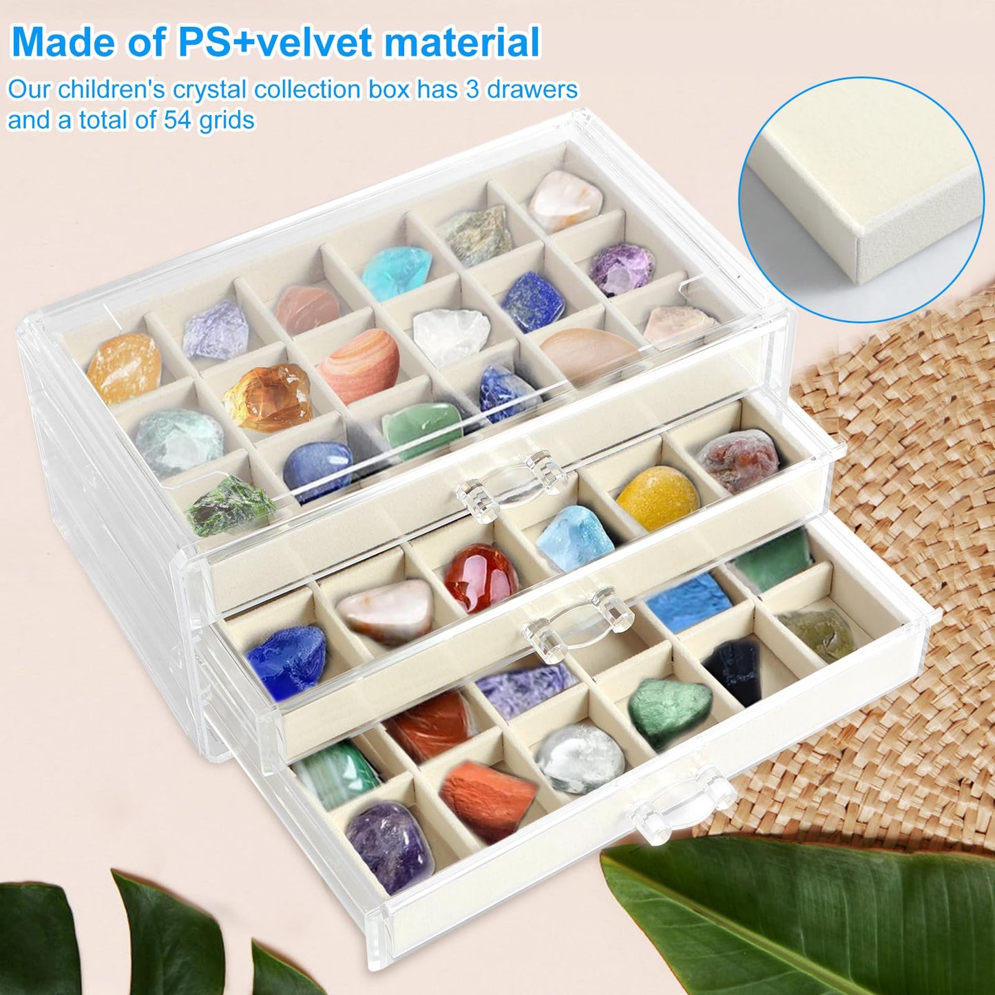54 Grid Rock Collection Display Case for Kids, 3-Layer Acrylic Mineral & Crystal Storage Box, Velvet Gemstone Organizer Showcase, Ideal Geology Gift for Boys & Girls