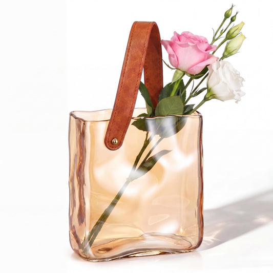 Amber Glass Purse Vase with Leather Handle, 7.5x6.7 Inch Cute Handbag Shape Flower Vase, Decorative Glass Vases for Flowers, Fish Bowl Centerpiece for Living Room, Dining Table, Wedding Decor