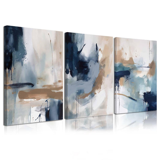 KBKBART 3 Piece Blue Abstract Framed Wall Art For Living Room, Watercolor Ink Navy Blue Canvas Wall Art Modern Minimalist Art Prints Wall Décor For Bedroom Office 12x16in