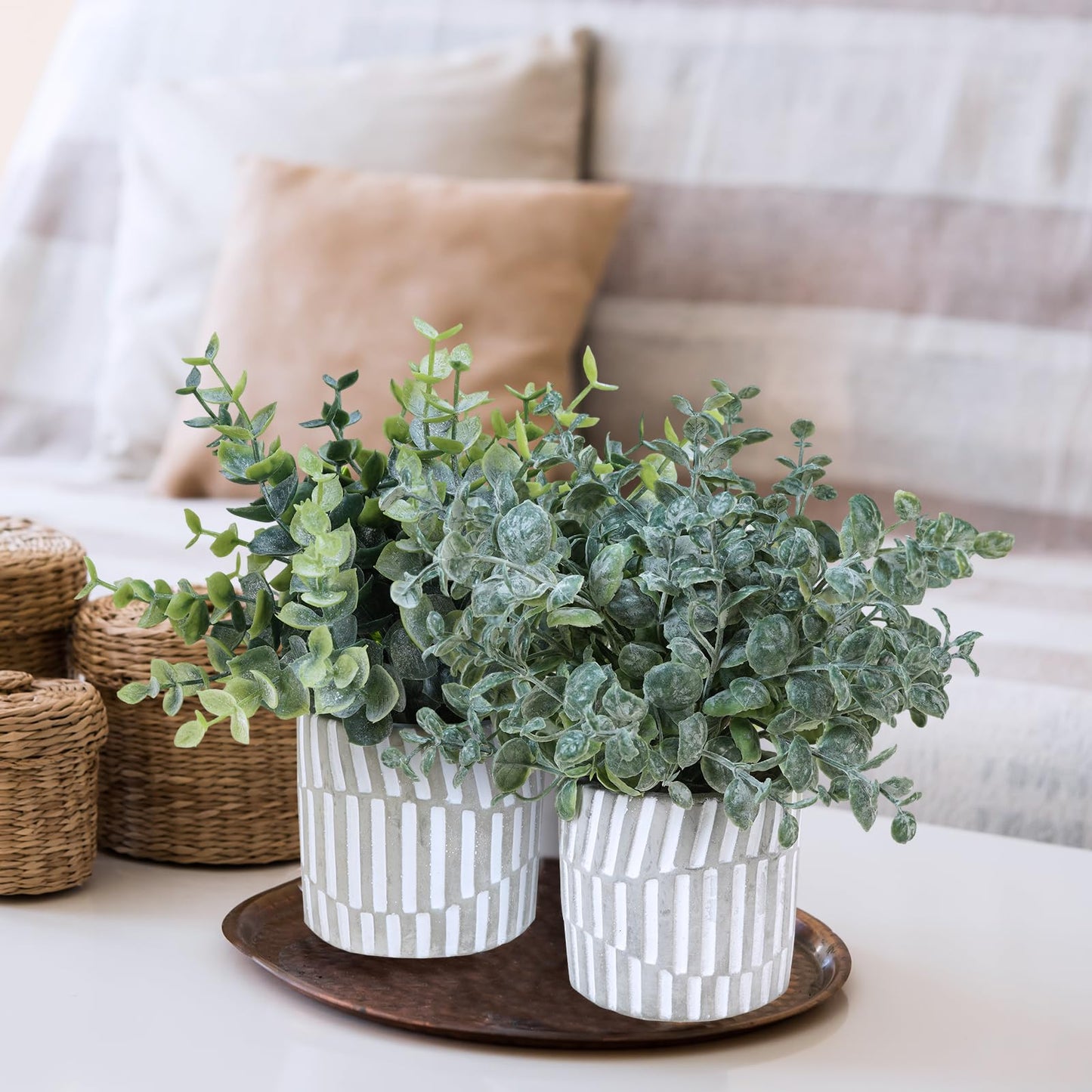 Winlyn 3 Pcs Artificial Eucalyptus Boxwood Plants in Grey Textured Cylinder Concrete Planter Pots Small Potted Plants Faux Greenery Decorations for Modern Farmhouse Home Office Bookshelf Tabletop