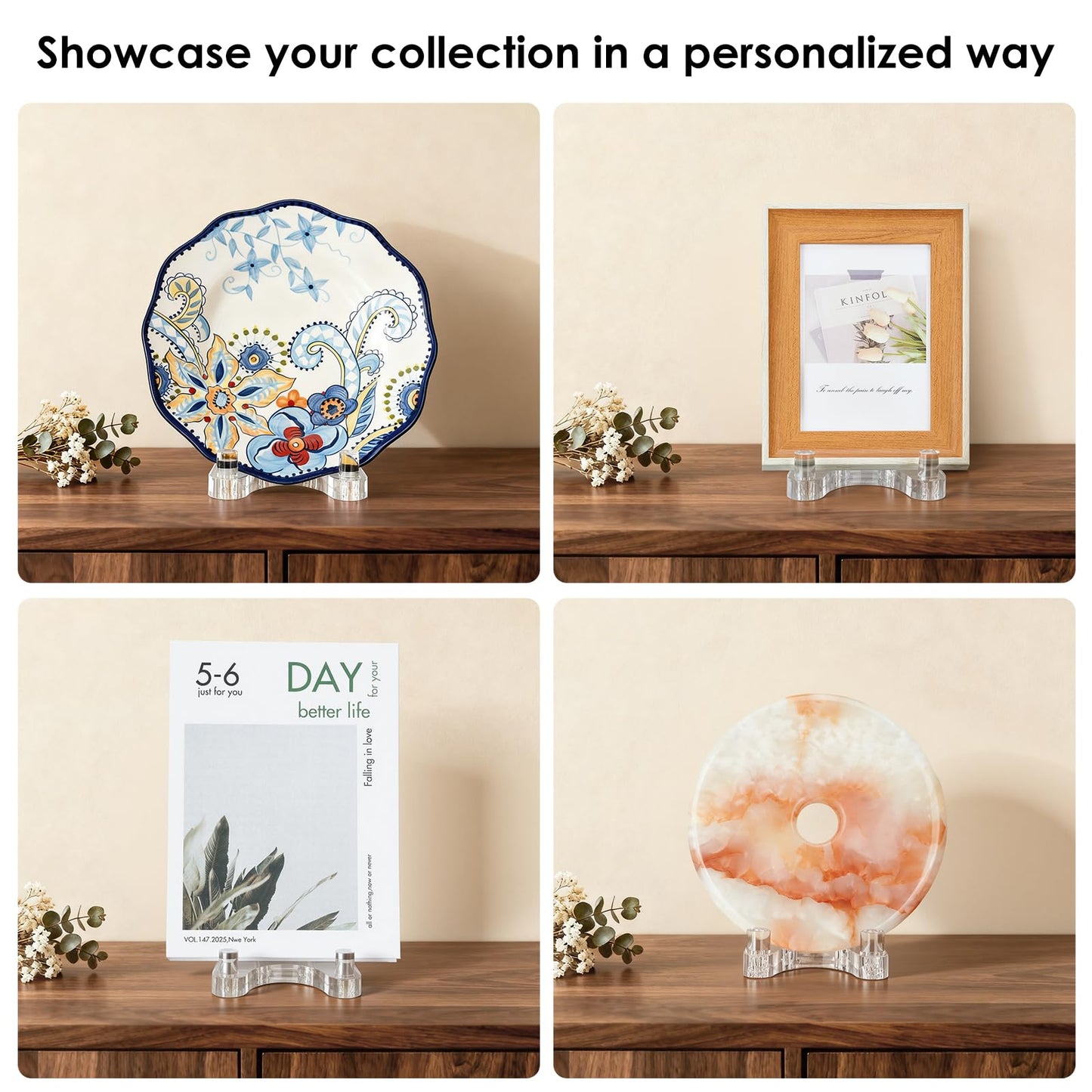 milldou Acrylic Easel Display，Plate Stand for Display，Adjustable Clear Display Holder for 8" to 12" Platter, Book, Card, Frame, Picture, Artwork, Plaque ( Large-1pc 8"-12")