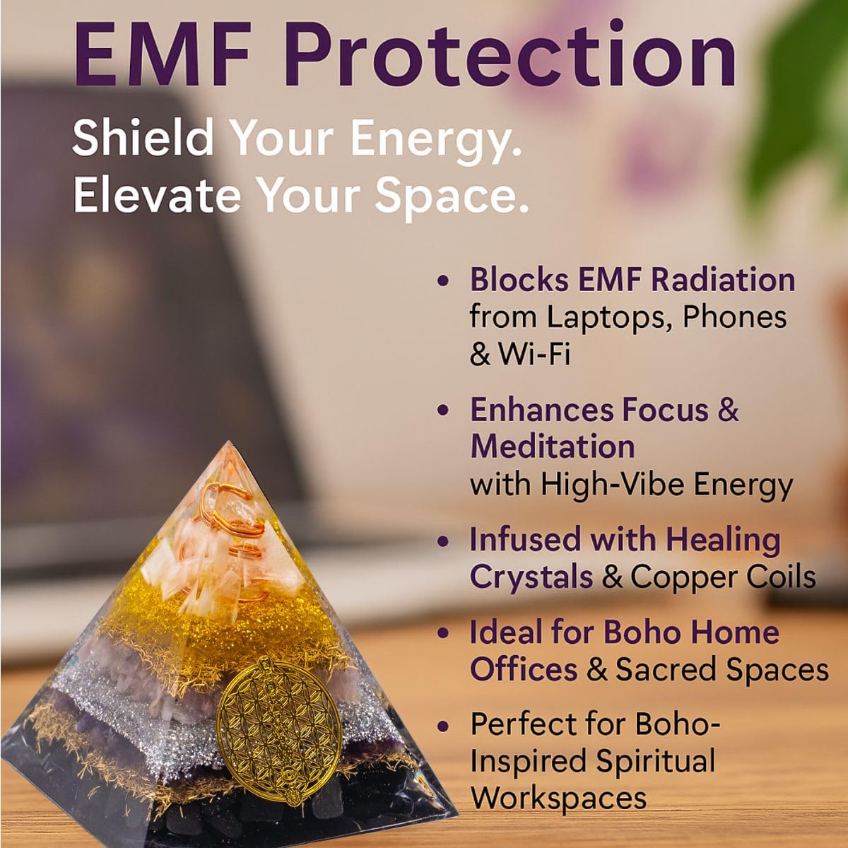 Citrine, Shungite Orgone Pyramid, Selenite, Rose Quartz, Amethyst, orgonite Chakra Pyramid Crystal, Energy Generator