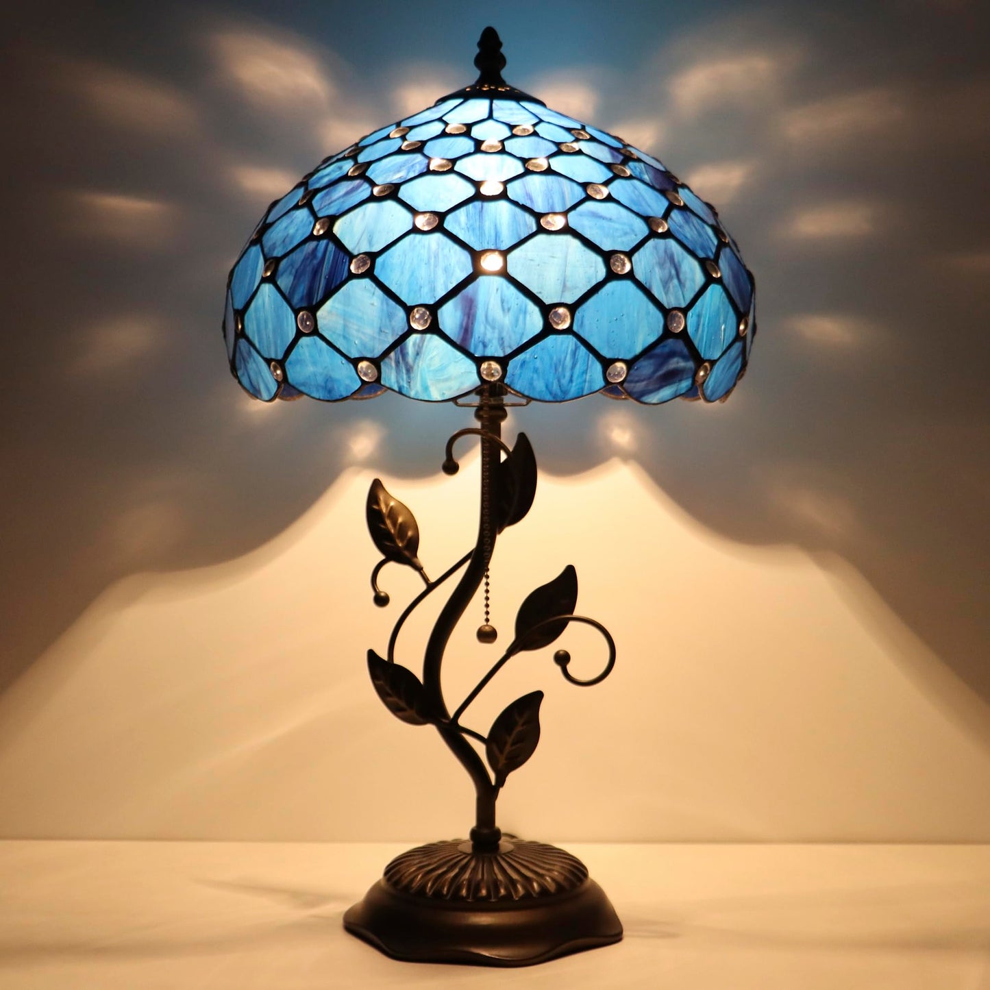 HWDFEI Tiffany Table Lamp, Stained Glass Style Desk Lamp, 12X12X19 Inch,Bedside Reading Light, Metal Leaf Base（Blue Beads Style
