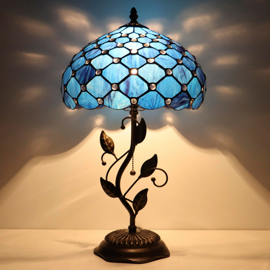 HWDFEI Tiffany Table Lamp, Stained Glass Style Desk Lamp, 12X12X19 Inch,Bedside Reading Light, Metal Leaf Base（Blue Beads Style
