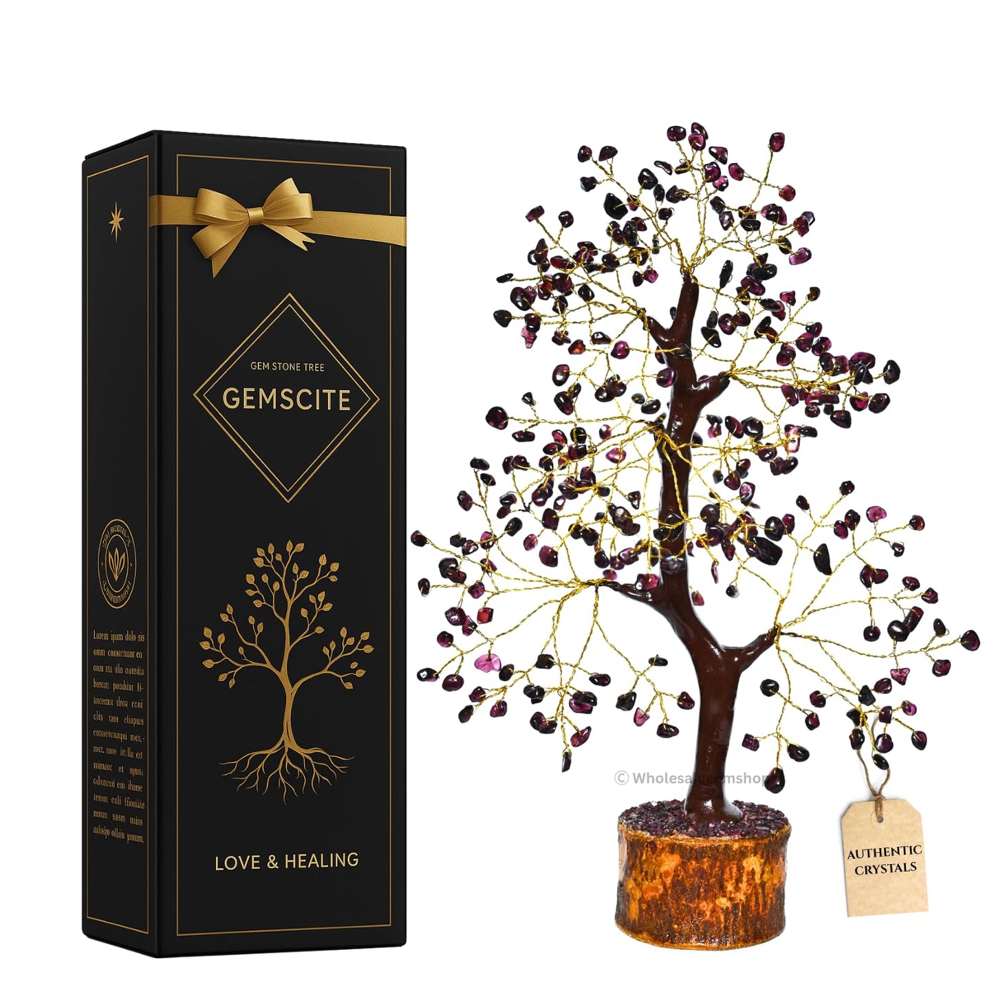 GEMSCITE Garnet Gemstone Tree Size 10-12" Handmade Feng Shui Figurine Money Bonsai Good Luck Reiki Healing Crystals - Golden Wire