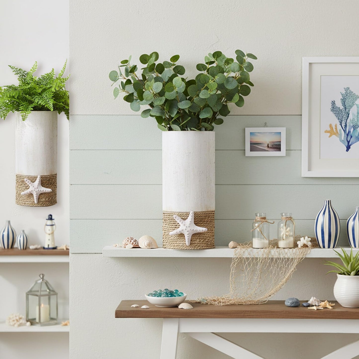 2 Pack White Metal Wall Vase,Coastal Wall Vase for Flowers(No Artificial Flowers Included), Coastal Decor Hanging Vases,Coastal Home Decor for Living Room,Entrance,Hallway,Bedroom (White Wall Vases)