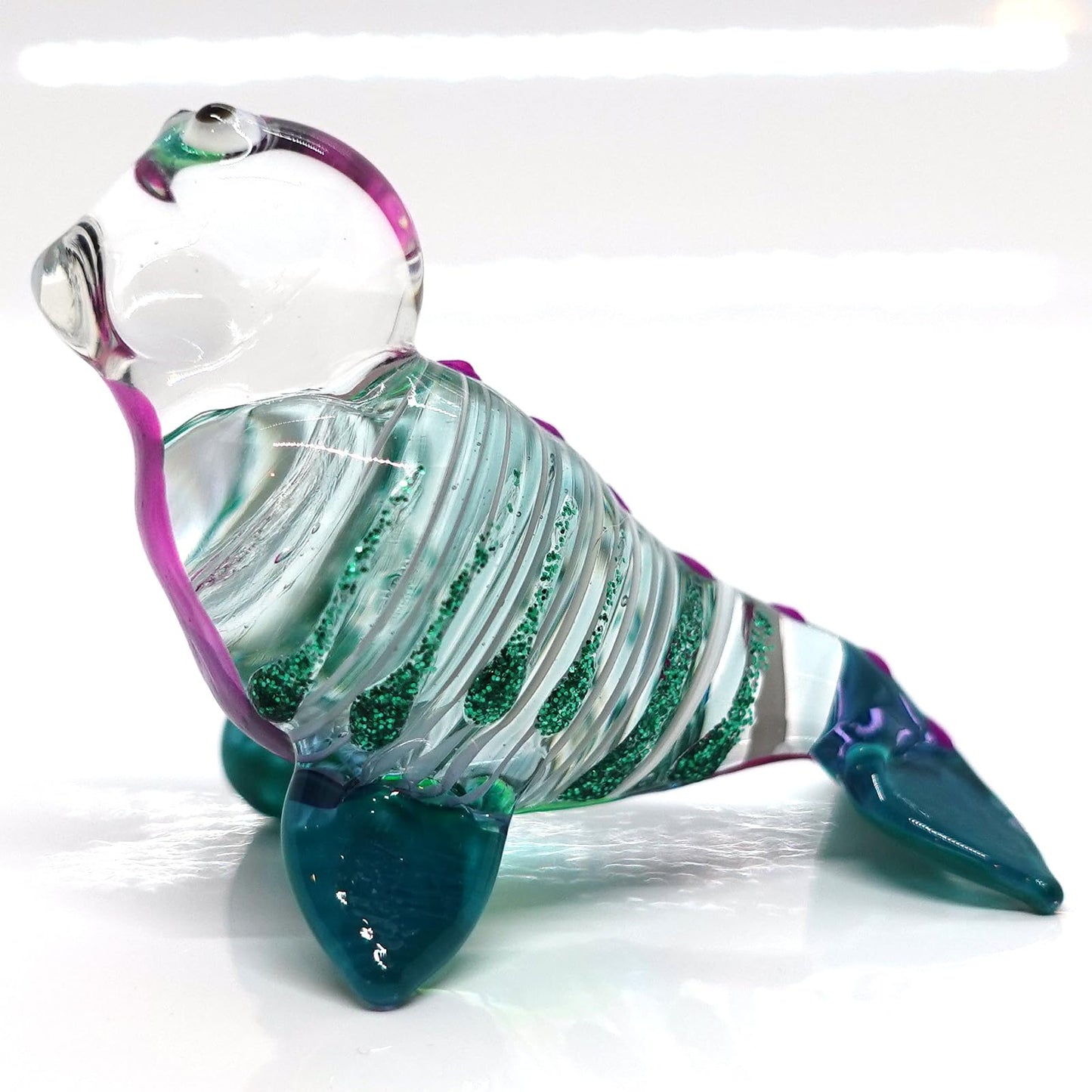 Sansukjai Seal Miniature Figurines Animals Hand Blown Glass Art Collectible Gift Home Decorate (Blue Green)