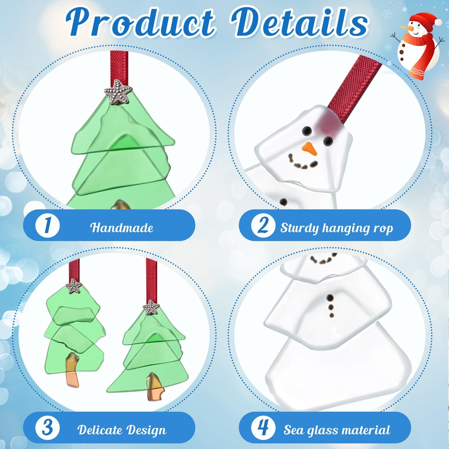 Zhehao 6 Pcs Christmas Tree Ornaments Sea Glass Christmas Tree and Sea Glass Snowman Crystal Xmas Craft Hanging Decoration Ocean Beach Seaglass Ornament Set for Xmas Party Home Decor