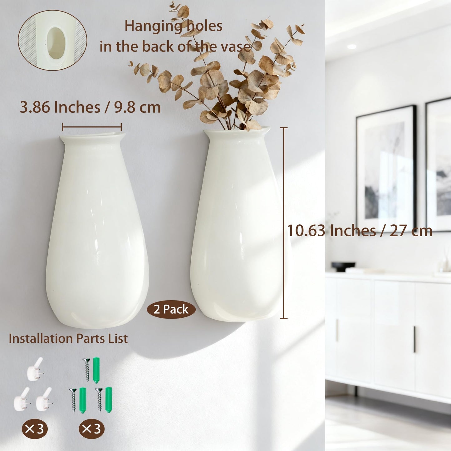 Wall Hanging Planters for Indoor Plants, Set of 2, Wall Mounted Vase for Home Decor, Modern White Wall Decor for Bathroom, Kitchen, Dining Room, Living Room