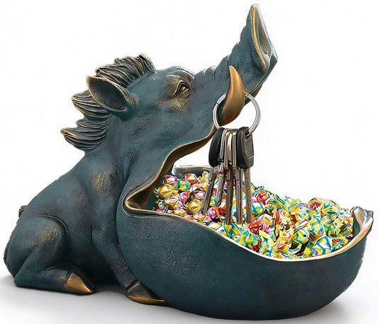 CUZOKOLA Large Size Unique Wild Boar Staute Key Bowl for Entryway Table,Cute Animal Candy Dish for Office Desk Candy Dishes Decorative Home Sculpture Desk Decor with Big Container Storage Mouth (Blue)