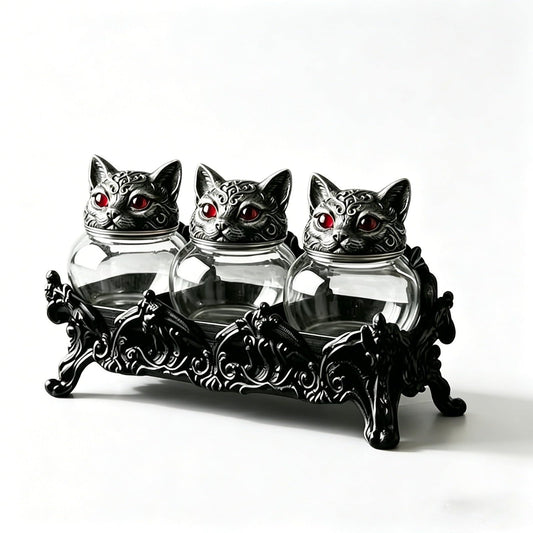 2026 Handcrafted Witchy Cat Apothecary Spice Jars, 3-Piece Set with Cat Lids, Vintage Witchcore Kitchen Decor for Salt, Pepper, Herbs, and Tea Leaves
