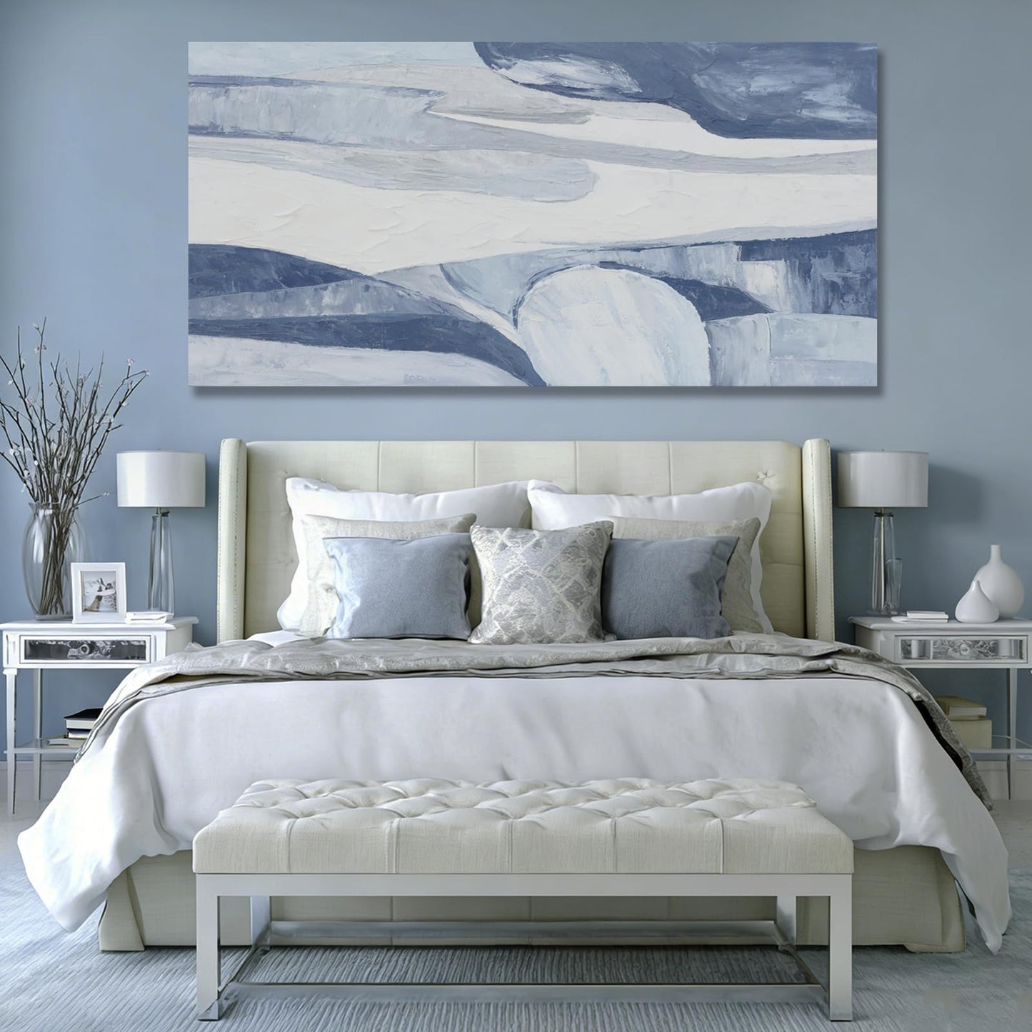 Hue7Art Abstract Blue and White Canvas Wall Art Contemporary Minimalist Landscape Artwork with Flowing Lines for Living Room Bedroom Office Entryway Wall Decor 29x58 Inch