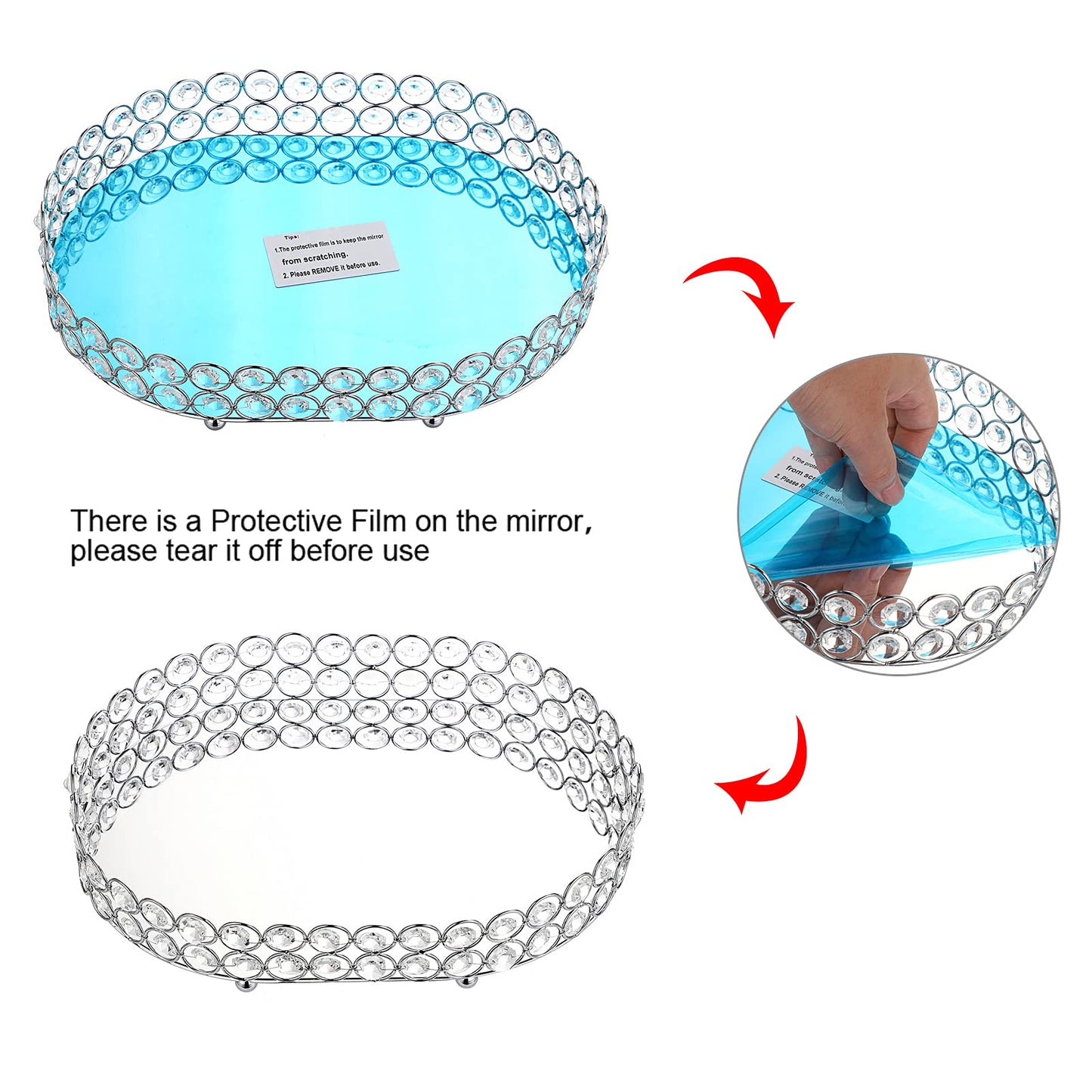 Hipiwe Crystal Vanity Tray Mirrored Dresser Perfume Trays for Makeup Tray Cosmetic Skin Care Storage, Jewelry Trinket Organizer Tray for Bathroom Countertop Home Decor (Medium, Silver)