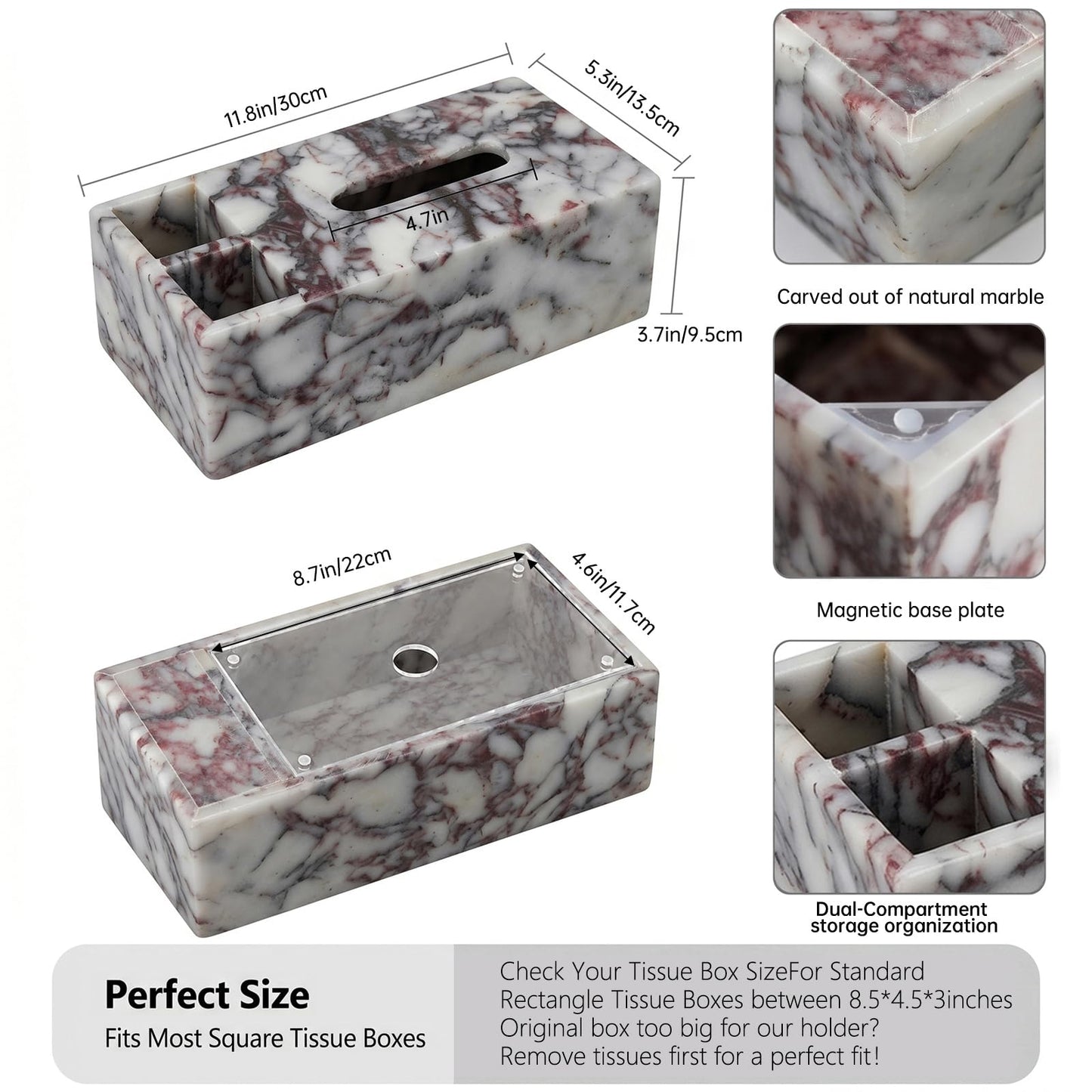 Luxury Natural Calacatta Viola Marble Tissue Box with Storage Compartments