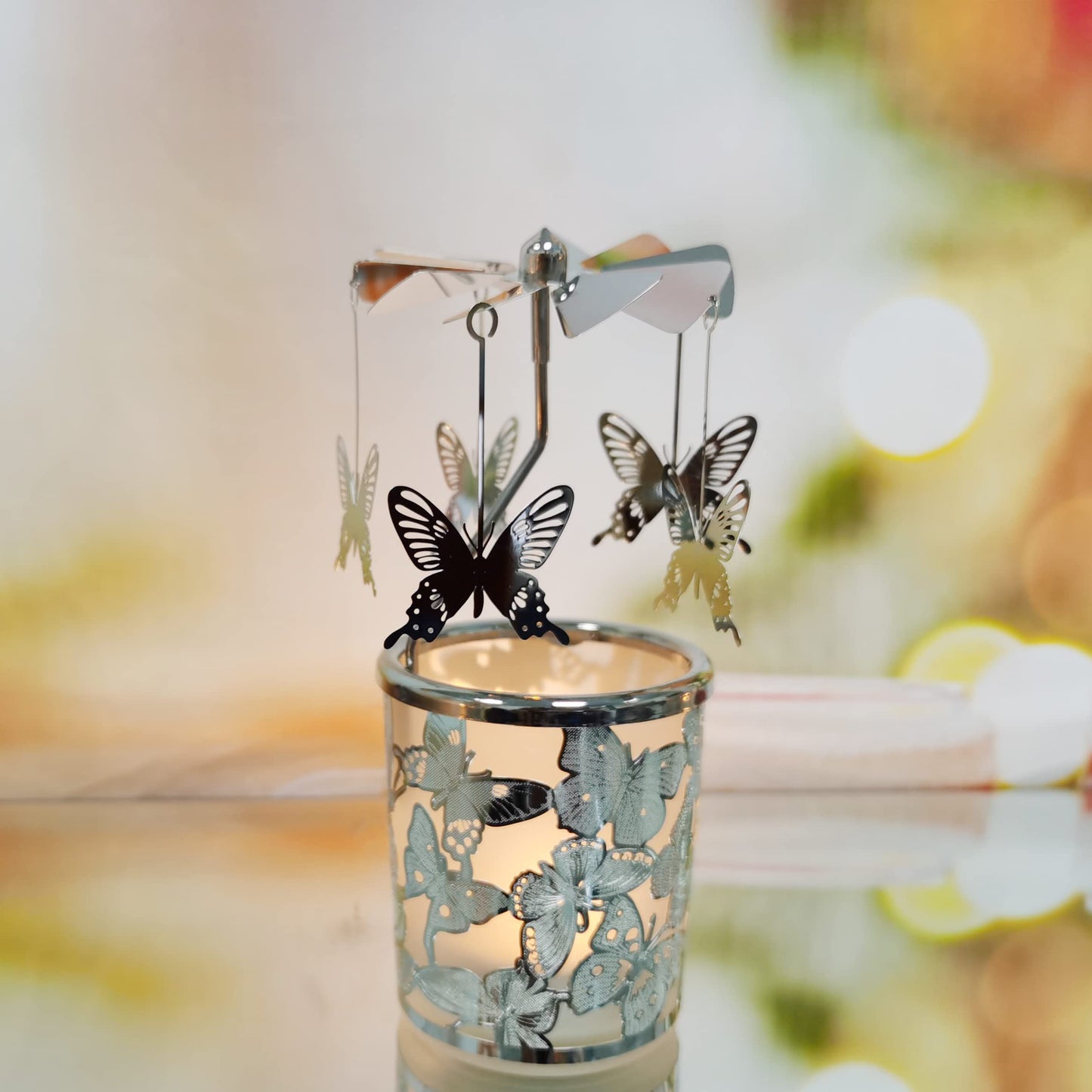 kingnero Carousel Candle Rotary Candle Holder Spinning Candleholder Metal Tea Light Candlestick for Home Decor (Silver Butterfly)