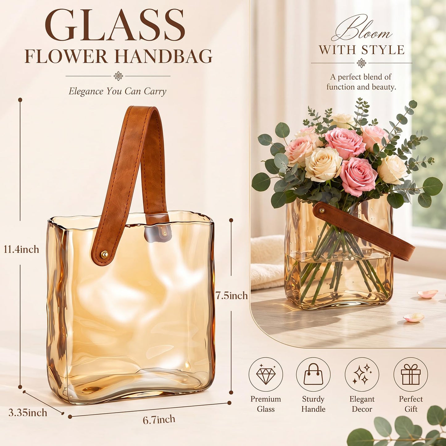 Amber Glass Purse Vase with Leather Handle, 7.5x6.7 Inch Cute Handbag Shape Flower Vase, Decorative Glass Vases for Flowers, Fish Bowl Centerpiece for Living Room, Dining Table, Wedding Decor