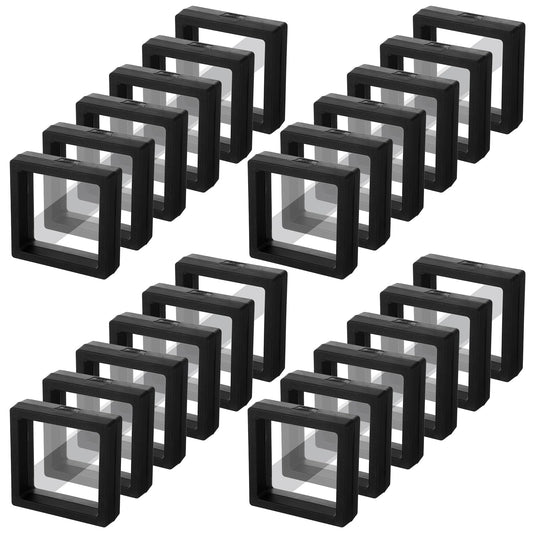 60 Pcs 3D Floating Display Case, 2.8 x 2.8 x 0.8 Inch Transparent Film 3D Floating Coin Display Frame Holder Stands for Challenge Coins, Jewelry, Shells, Gems, Rocks, Fossils, Specimen (Black)