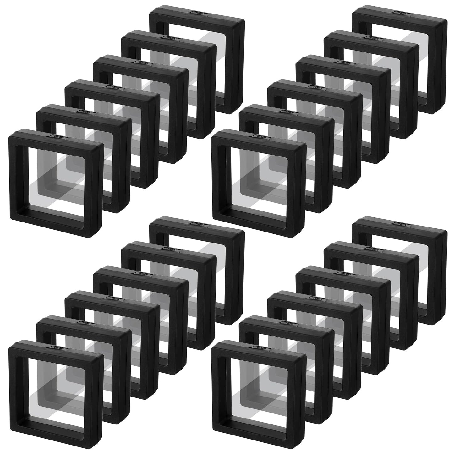 60 Pcs 3D Floating Display Case, 2.8 x 2.8 x 0.8 Inch Transparent Film 3D Floating Coin Display Frame Holder Stands for Challenge Coins, Jewelry, Shells, Gems, Rocks, Fossils, Specimen (Black)