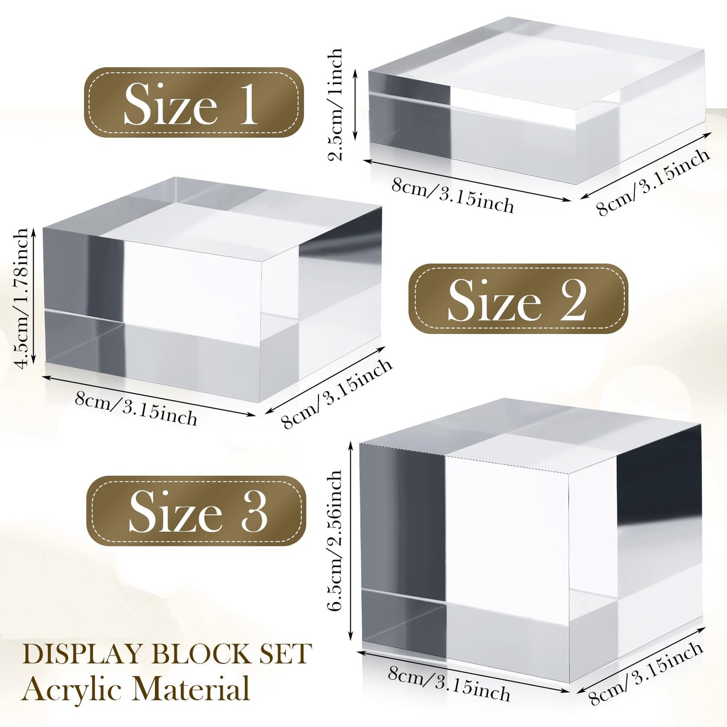 Geelin 9 Pcs Acrylic Risers Stand Display Block Decor Riser 3 Size Decor Clear Polished Cube Solid Pedestal Stand for Jewelry Perfume Photography Collection Food Doll Wedding High Density (Square)