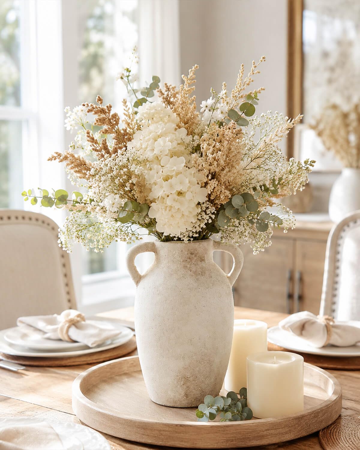Ceramic Flower Vase Home Decor – 9.8 Inch Pottery Rustic Farmhouse Decorative Vase with Handles for Table Centerpiece, Shelf & Mantel, Beige