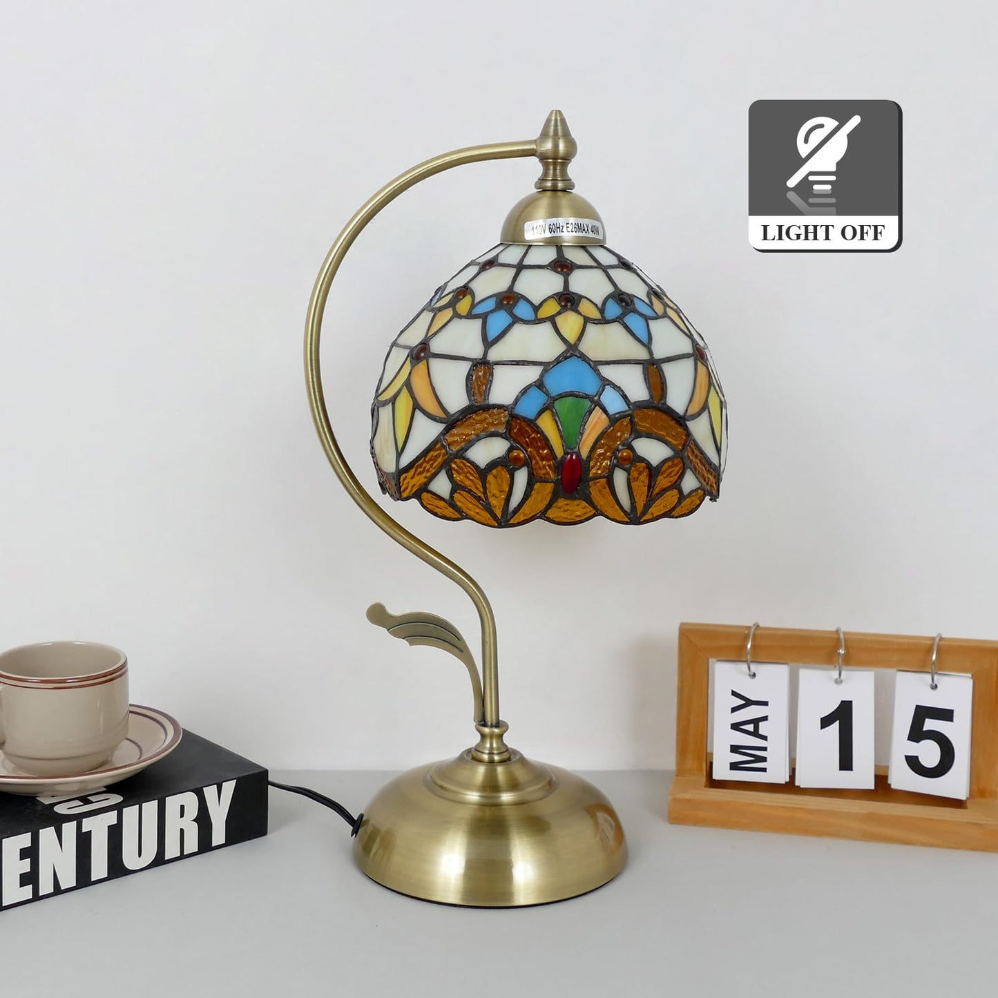 VirtueKing Tiffany Lamp Stained Glass Table Lamp Beige Baroque Style Desk Light with Metal Leaf Iron Base 8" Wide 17" Tall for Small Space Bedroom Home Office Decor