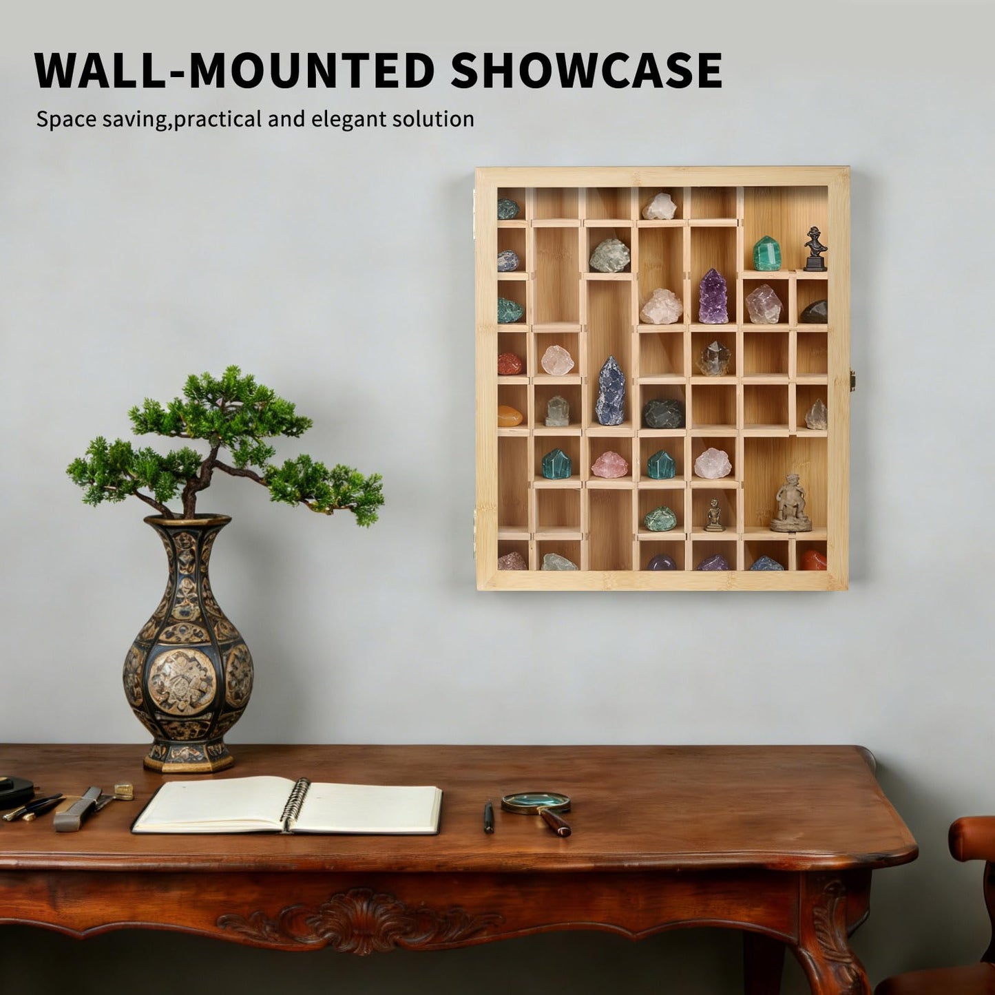 AUTOARK Adjustable Rock Display Case with 56 Compartments,Bamboo Wood Large Rock Collection Box for Crystals Minerals Stones Storage and Display,Large,AHK-064