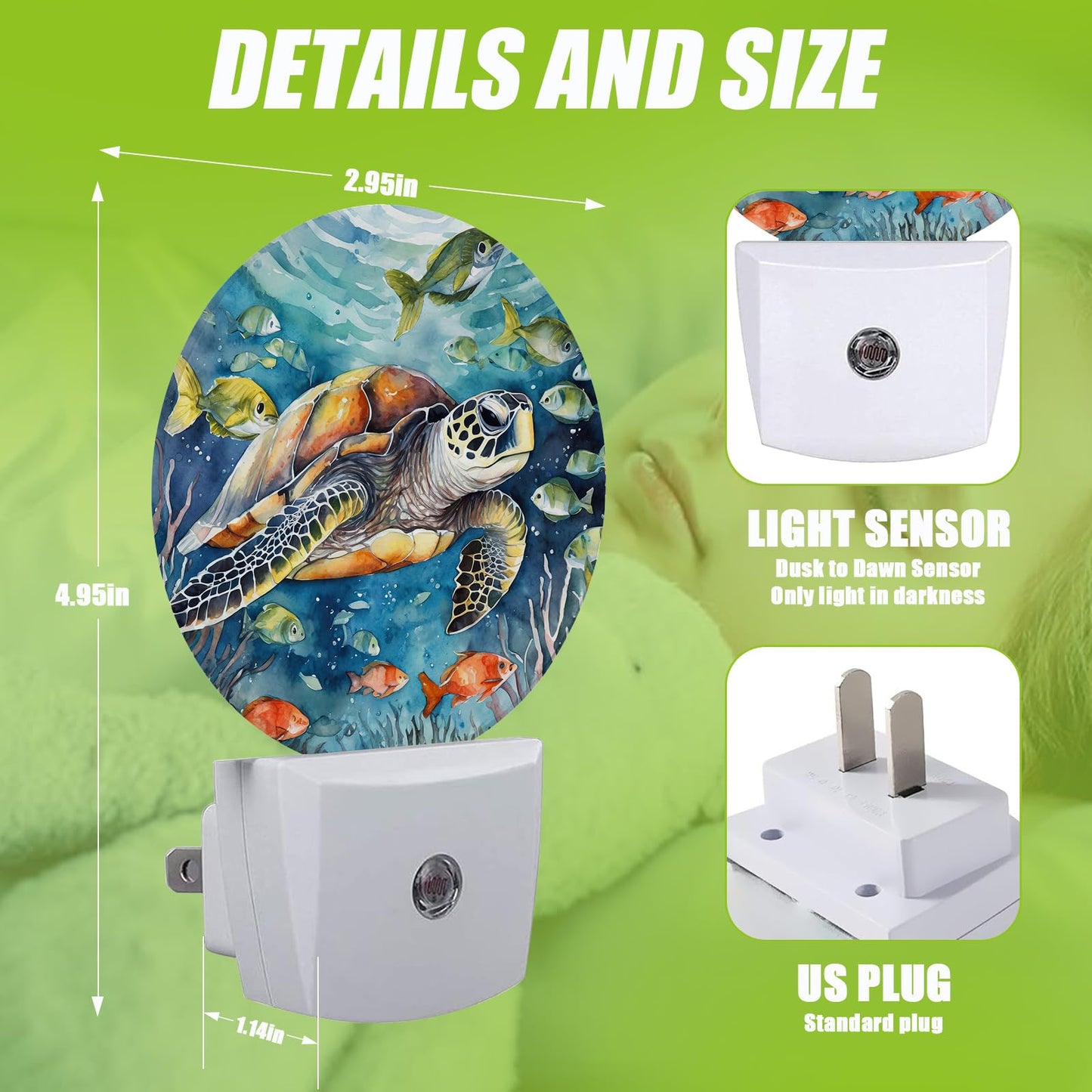 COSHARKLY Sea Turtle Night Light,Underwater World Night Lights Plug into Wall for Kitchens Toilets Bedroom Decorative Half Round Nightlight Led Lamp 0.5W Sleep Friendly