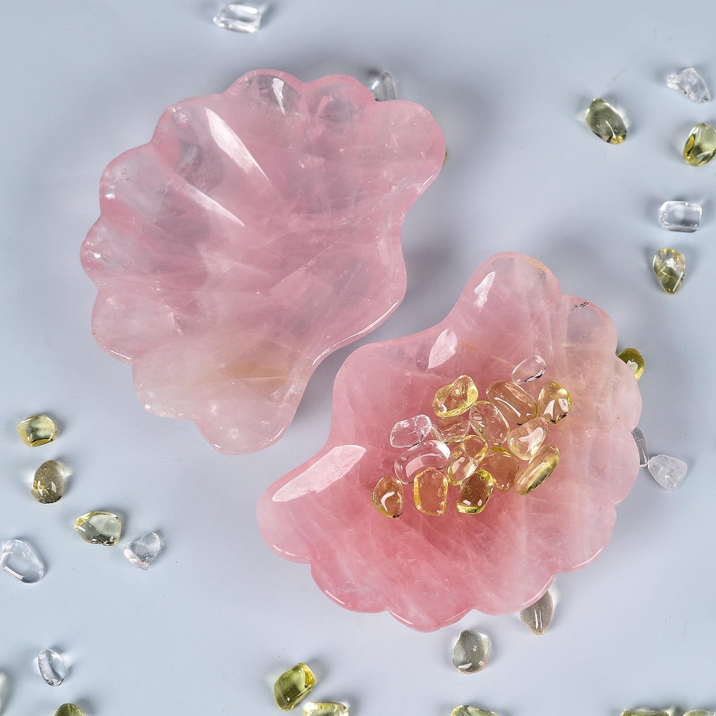 JIC Gem Rose Quartz Crystal Bowl Shell Shape Crystals and Healing Stone Decorative Bowl Jewelry Tray Home Office Decor