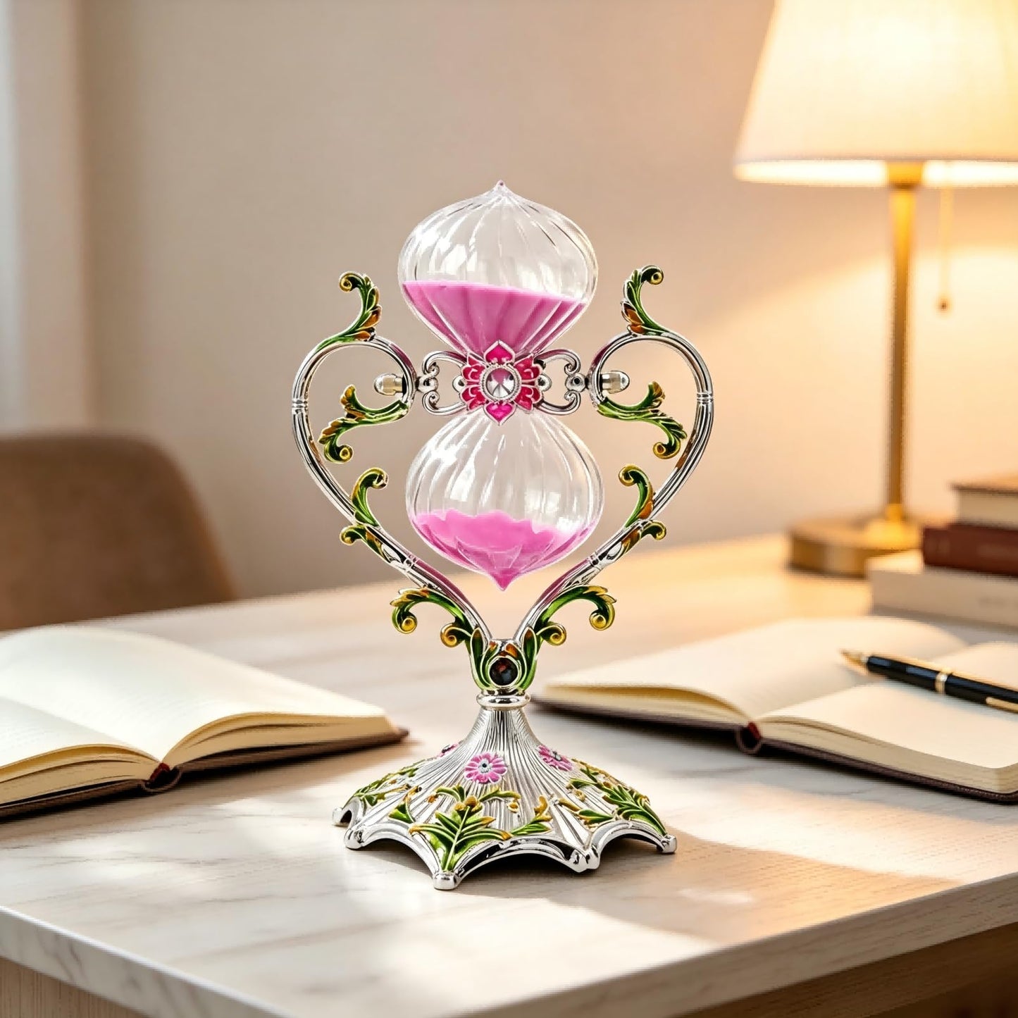 Hourglass Sand Timer Decorative,360° Rotating Metal White Sand Watch 30 Min,Antique Hour Glass Decor for Office Desk- Crafts,Ornaments(Pink Sand)