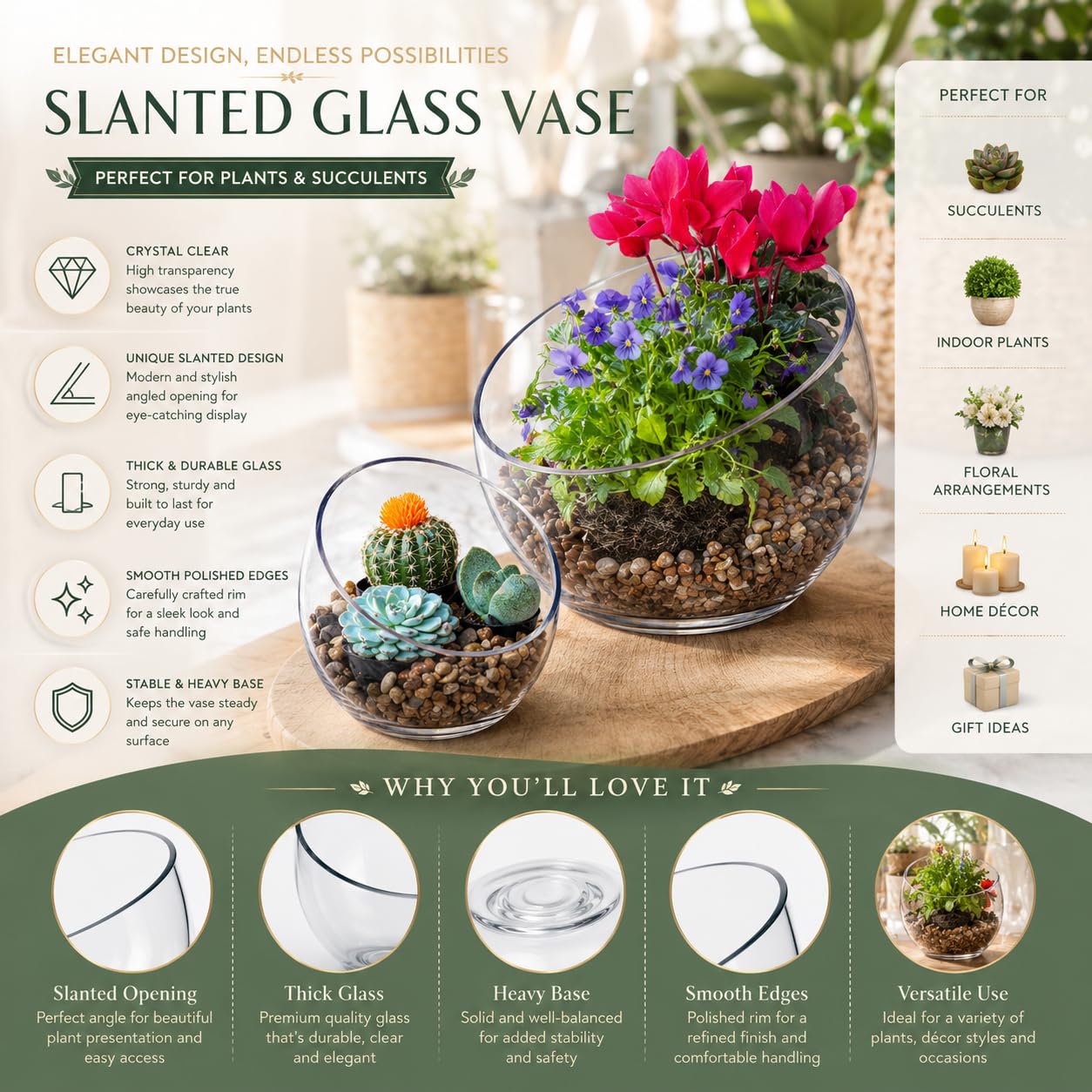Craft And Party, Slant Cut Bowl Glass, Glass Fish Bowl Vase, 6" Height x 7" Width Fruit Jar, Candy Dish, Clear Terraium, Flower Centerpiece