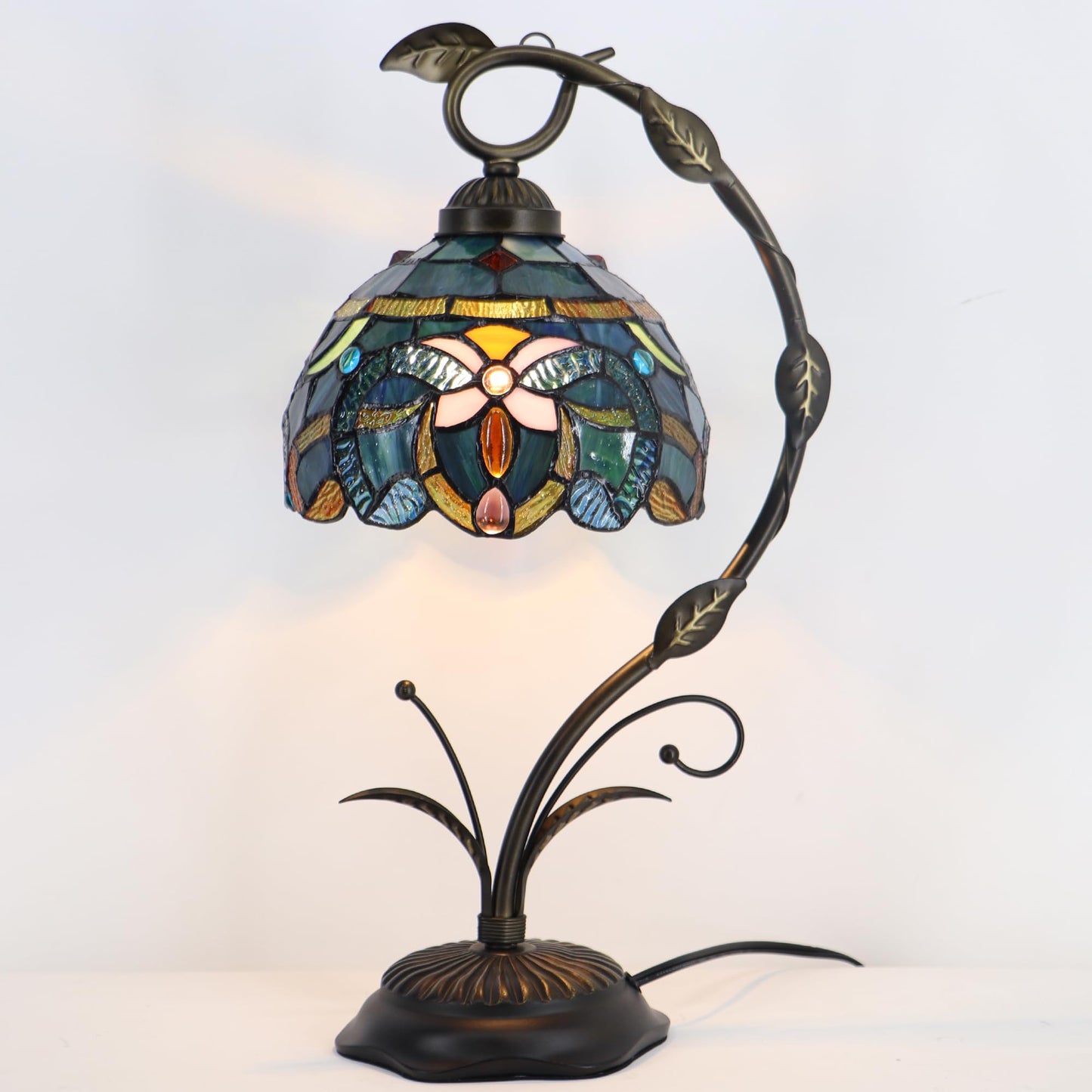 LXHCYOU Tiffany Table Lamp, Stained Glass Desk Reading Light, 8X10X19 Inches, Metal Leaf Base (Blue Baroque Style)