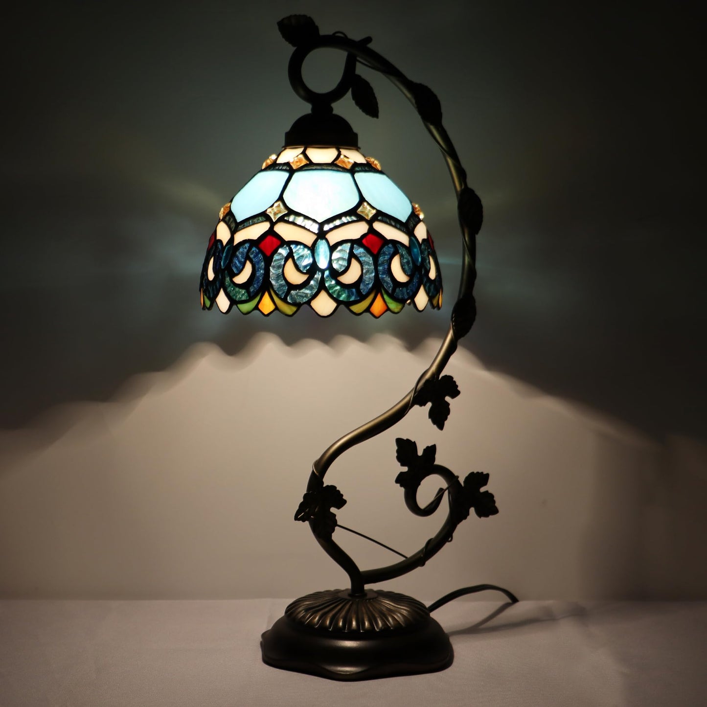 LXHCYOU Tiffany Table Lamp, Stained Glass Desk Light, 8X10X21 Inches, Metal Leaf Base (Sapphire Style)