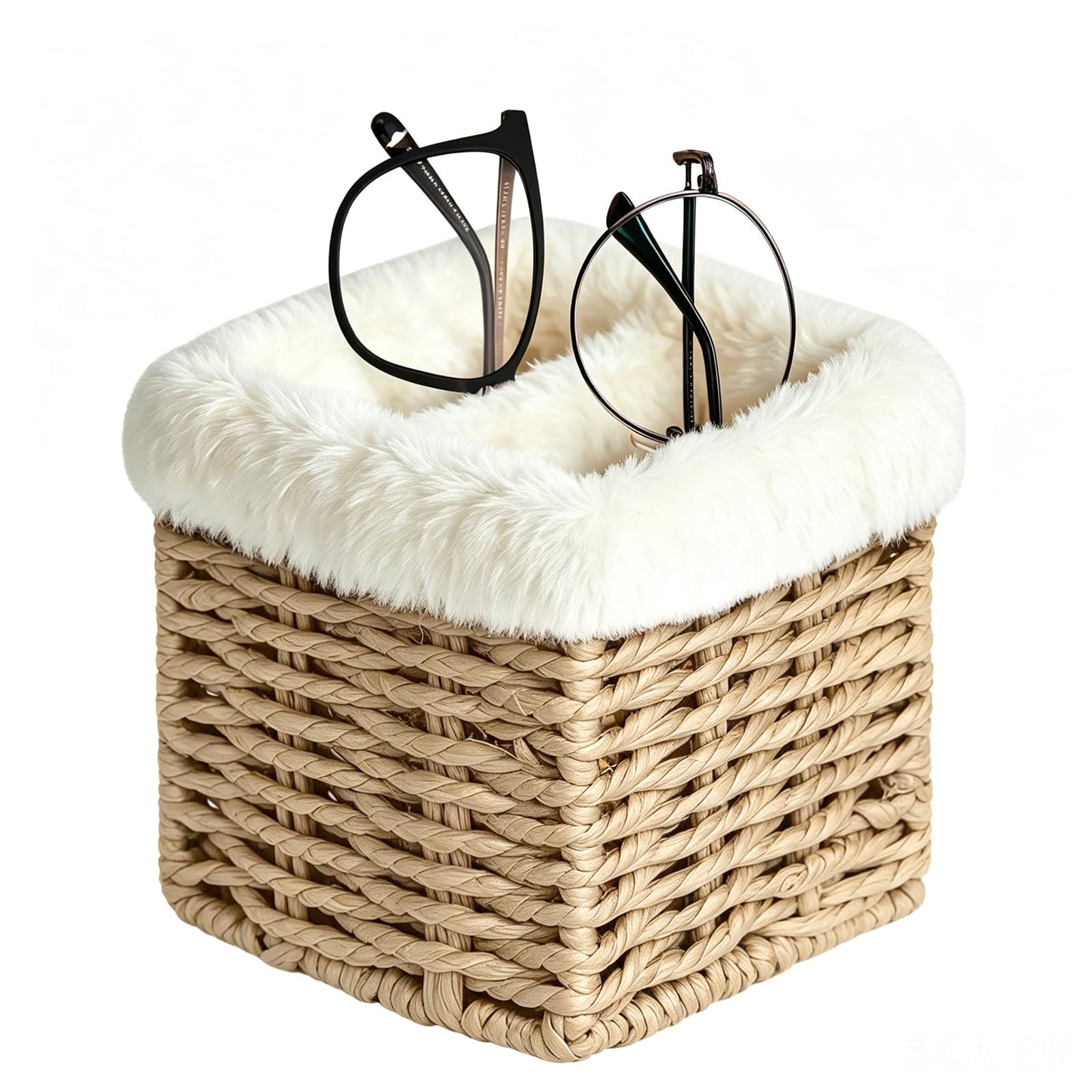 OPULANE Glasses Holder, Paper Rope Plush Lined Eyeglass Holder Stand 2 slots Eye-glasses Storage Organizer Case for Nightstand, Office Desk, Table, Bedside, Dresser and More, Beige