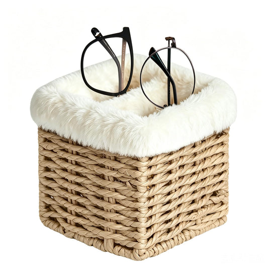 OPULANE Glasses Holder, Paper Rope Plush Lined Eyeglass Holder Stand 2 slots Eye-glasses Storage Organizer Case for Nightstand, Office Desk, Table, Bedside, Dresser and More, Beige