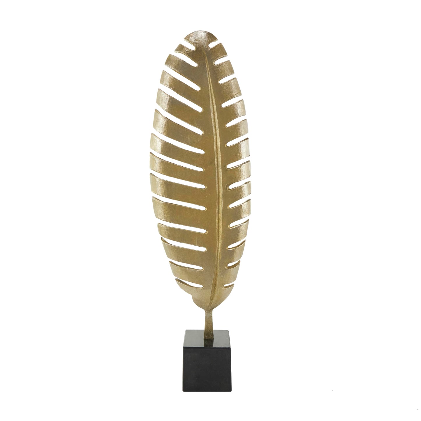 CosmoLiving by Cosmopolitan Aluminum Metal Leaf Decorative Sculpture Standing Single Home Decor Statue with Black Marble Base, Accent Figurine 9" x 4" x 30", Gold