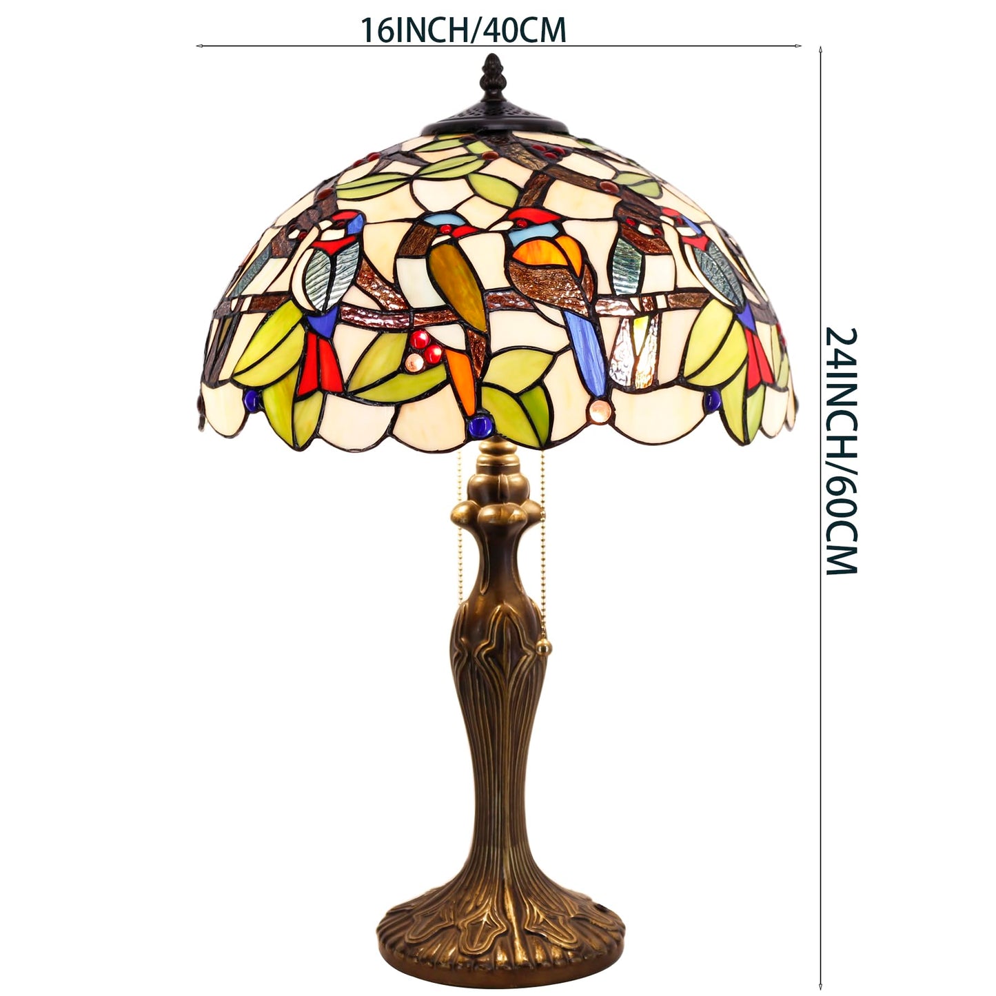 WERFACTORY Tiffany Table Lamp Colorful Stained Glass Birds Bedside Lamp 24"