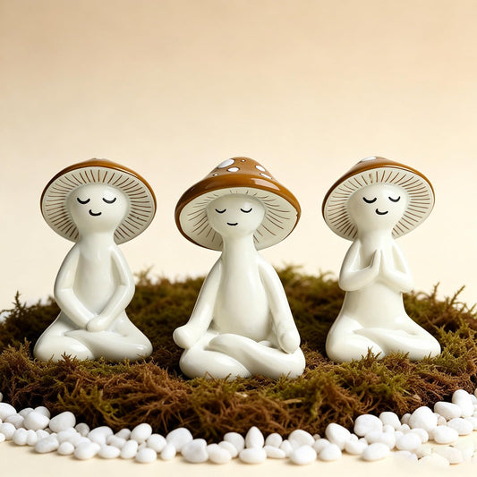 O-FarFarm 3 Pcs Mushroom Decor Figurines - Meditation Decor Statues for Living Room, Bedroom, Office - Resin Sculptures for Mindfulness Enthusiasts Home Decor Lovers Nature Lovers (White-Brown)