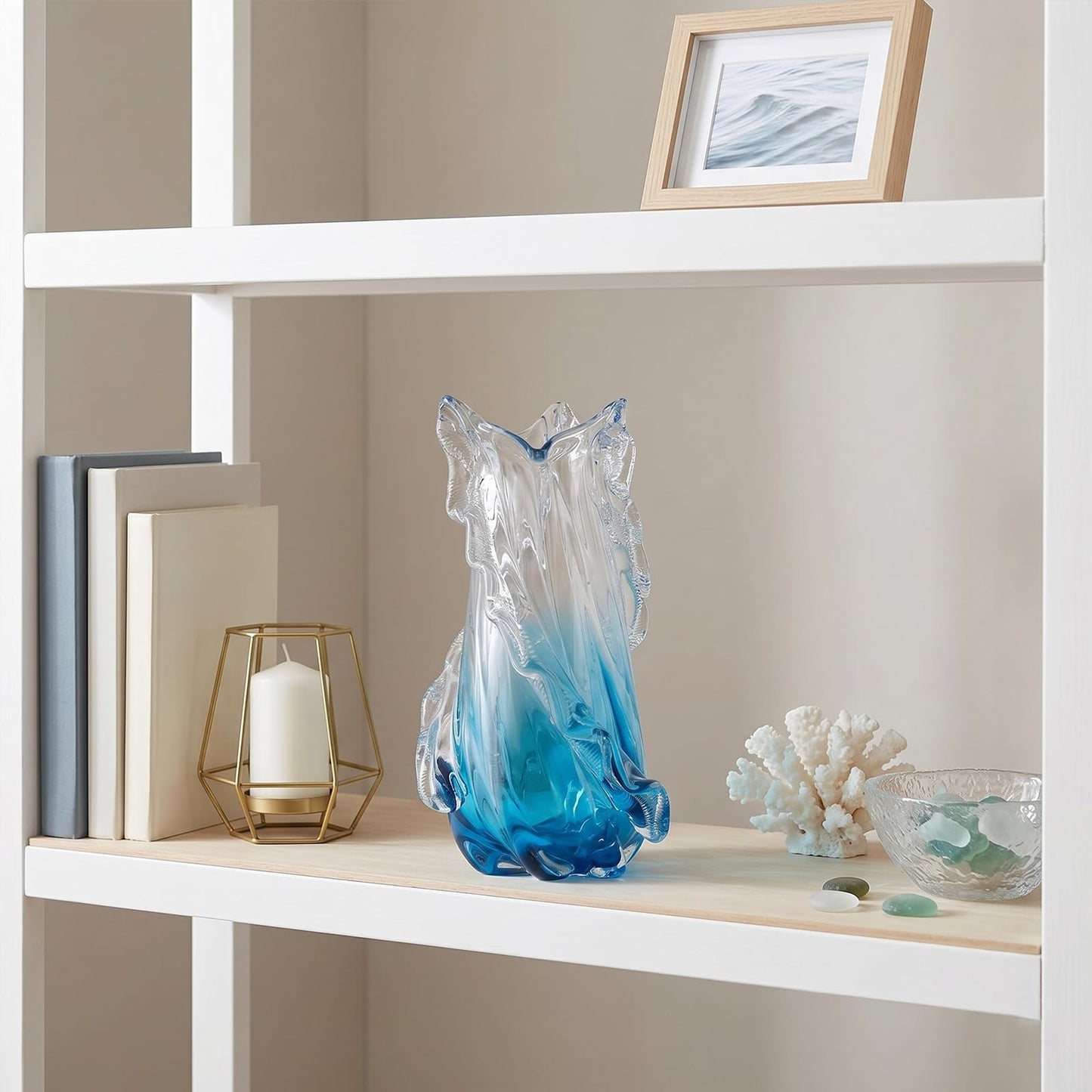 oliruim 12" H - Blown Blue Glass Vase, Unique Art Hand Blown Glass Vases for Coastal Home Decor Centerpiece, for Tabletop Shelf Mantel Entryway Room (Large)