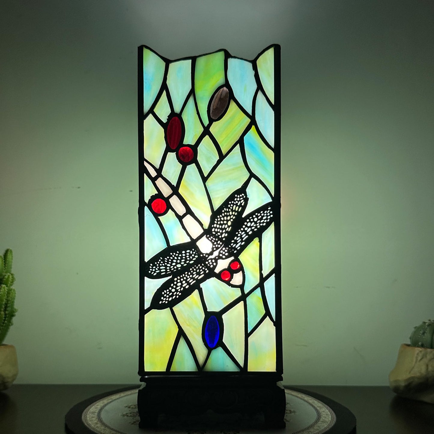 ZYLINX Small Tiffany Lamp Sea Blue Dragonfly Style Stained Glass Table lamp