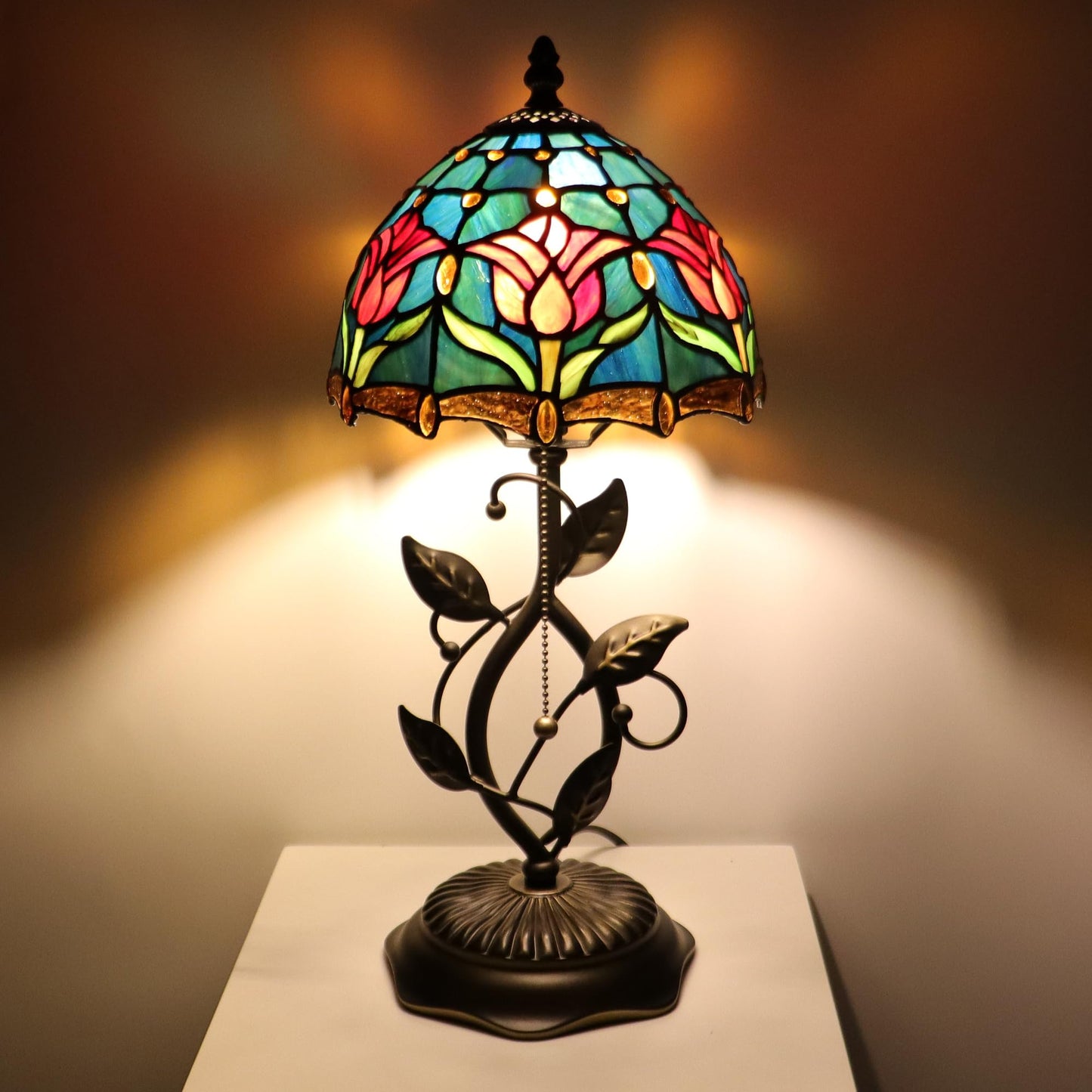 MQYXH Tiffany Style Stained Glass Table Lamp Red Blue Tulip 18 Inch